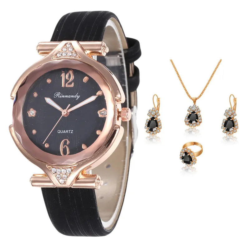 5pcs Set Fashion Women Watches Luxury Fine Ladies Wristwatch Necklace Female Ring Earring Gift Leather Quartz Watch reloj mujer 5pcs set black