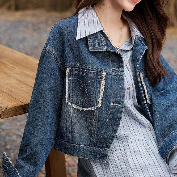 Women's Denim Coat with Raw Edge Autumn Korean Loose Pocket Embroidery Polo Neck Streetwear Casual Jacket
