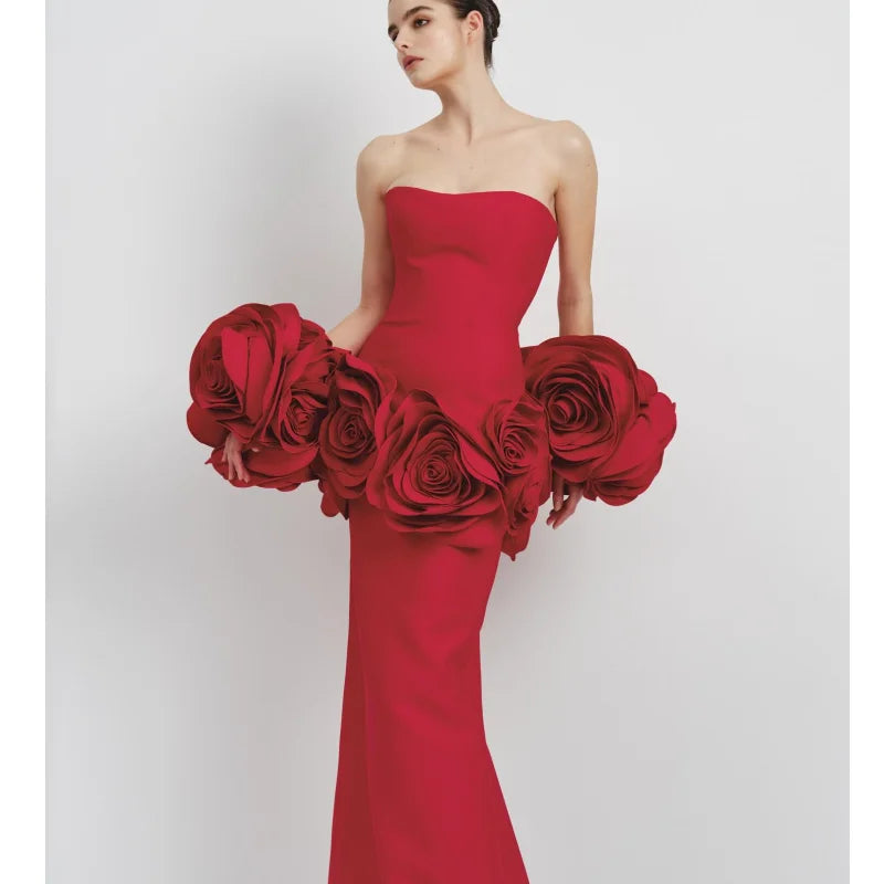 2025 Stereoscopic Flowers Strapless Bandage Ankle Length Evening Dress Fashion Woman Birthday Party Dress Celebrity Party Outfit