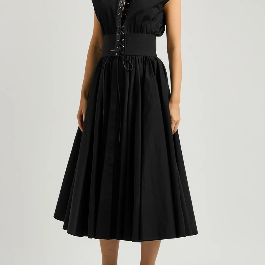 TWOTWINSTYLE Solid Slimming Spliced Lace Up Elegant Dresses for Women Round Neck Sleeveless Patchwork Folds Dress Female Fashion