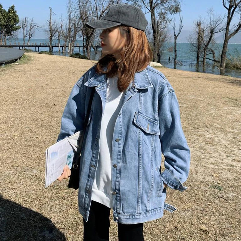 Spring Autumn Black Denim Jacket Top Woman Korean Simple Loose Jean Coats for Women 2023 New Trendy Button Long Sleeve Outwear light blue