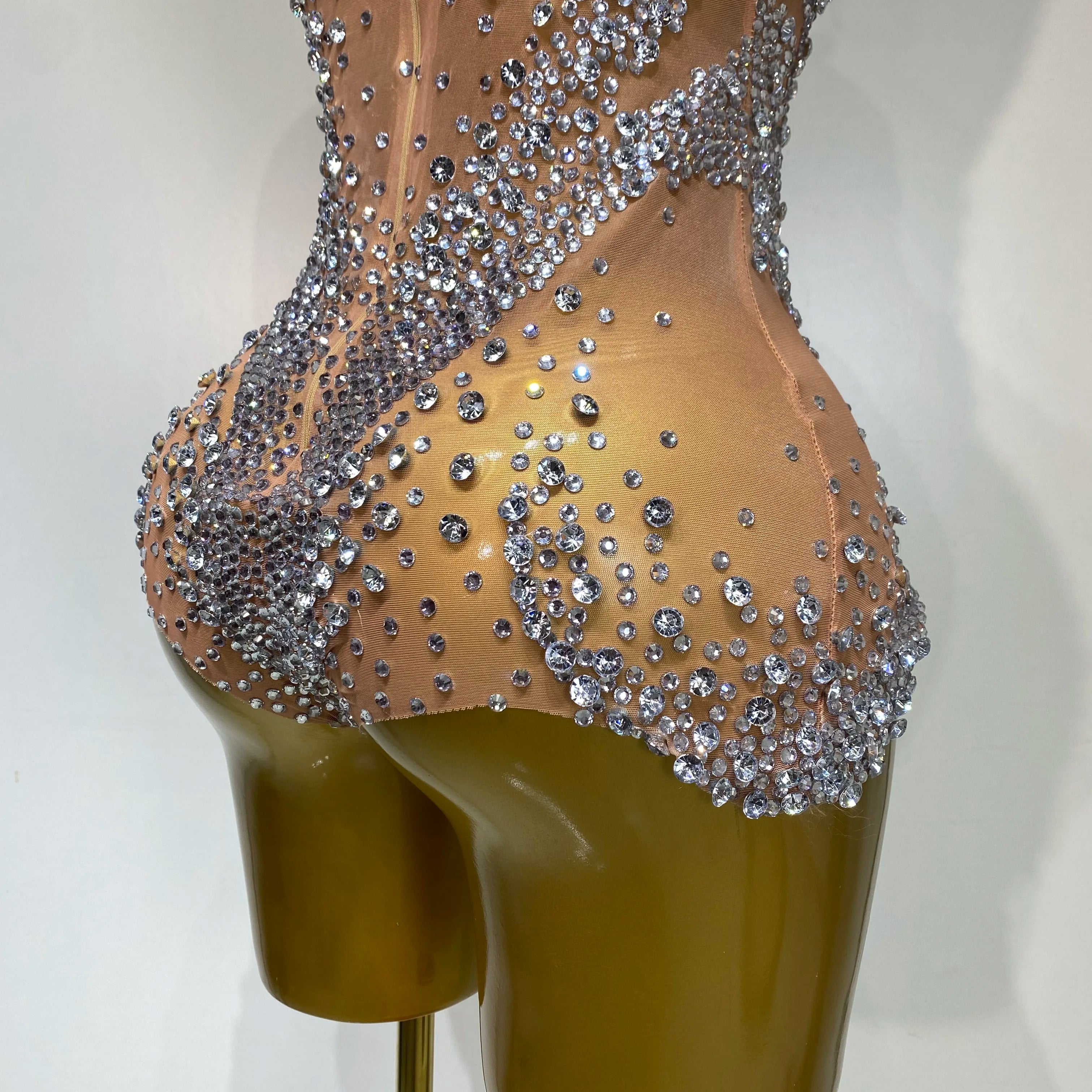 Women Sexy See Through Crystal Bodysuits Luxury Birthday Dancer Stage Performance Wear Mesh Sparkly Rhinestone Nightclub Outfit