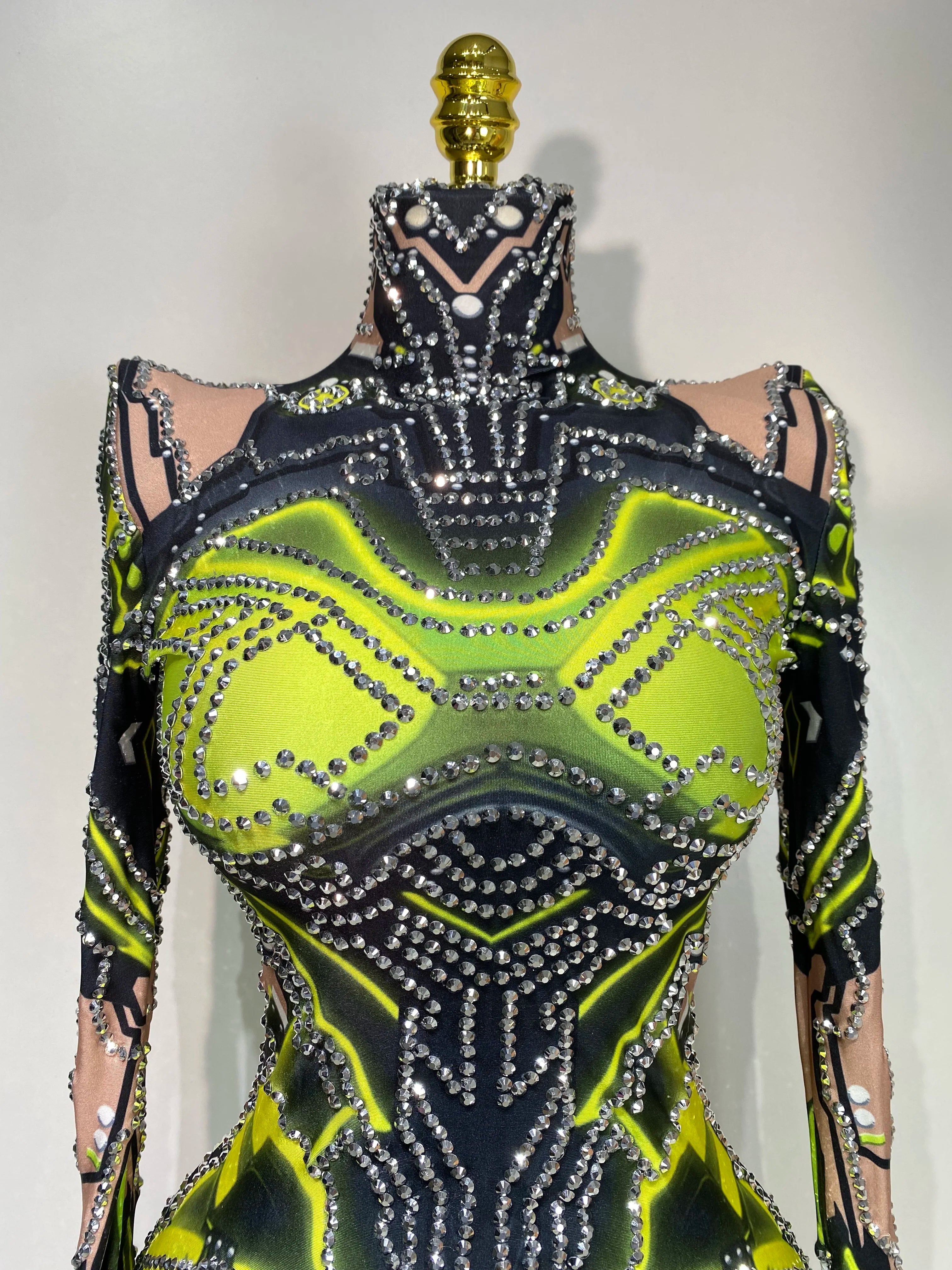 Women Sparkly Rhinstones High Street Bodysuit Performance Dance Singer Costume Nightclub Evening Party Birthday Stage Outfit