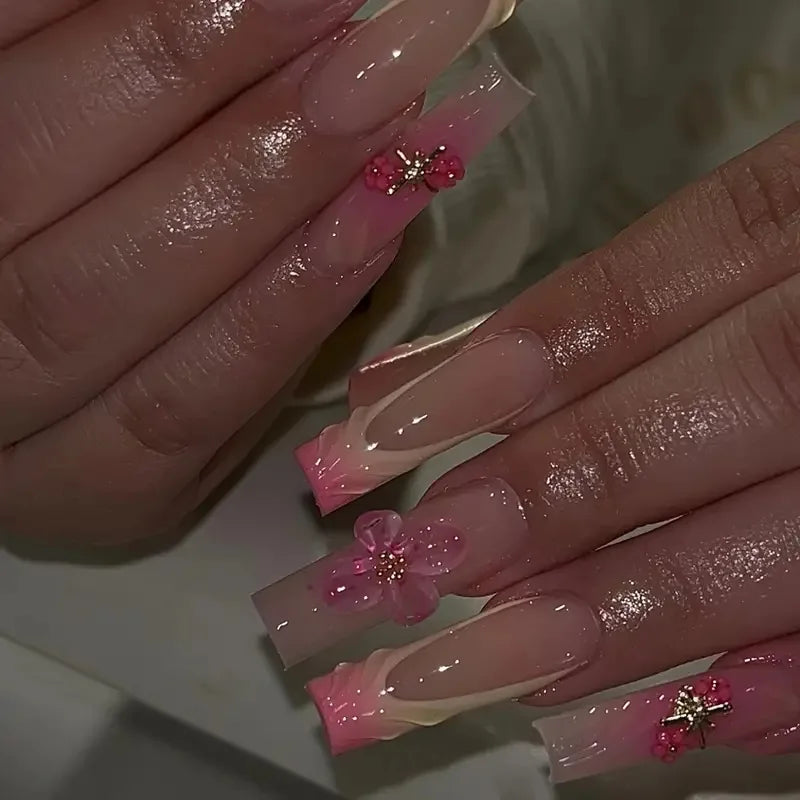 24Pcs 3D Bow Pearl Heart Design Nails Set Press on White French Reusable Fake Nails Long Square Head Full Cover False Nails Tips