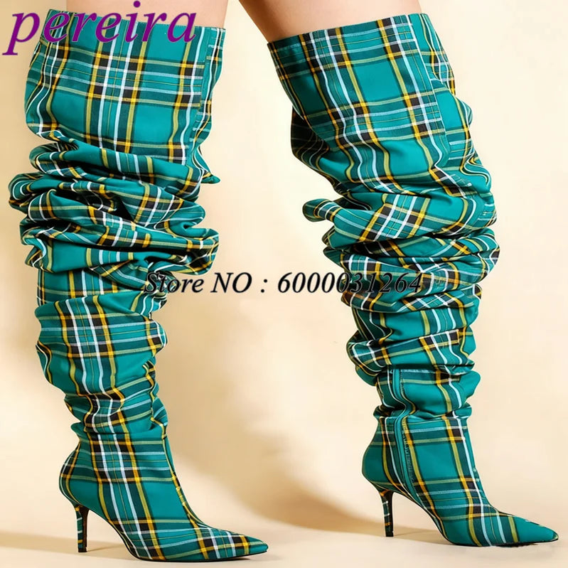 Loose Pleated Pointy Toe Boots Plaid Wide Fit Women Luxury Designer Shoes Ladies Over The Knee Botas Stiletto Mixed Color Bootie