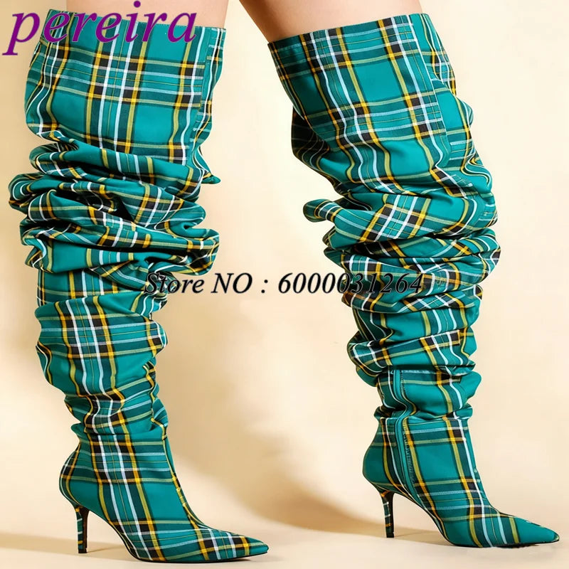 Loose Pleated Pointy Toe Boots Plaid Wide Fit Women Luxury Designer Shoes Ladies Over The Knee Botas Stiletto Mixed Color Bootie