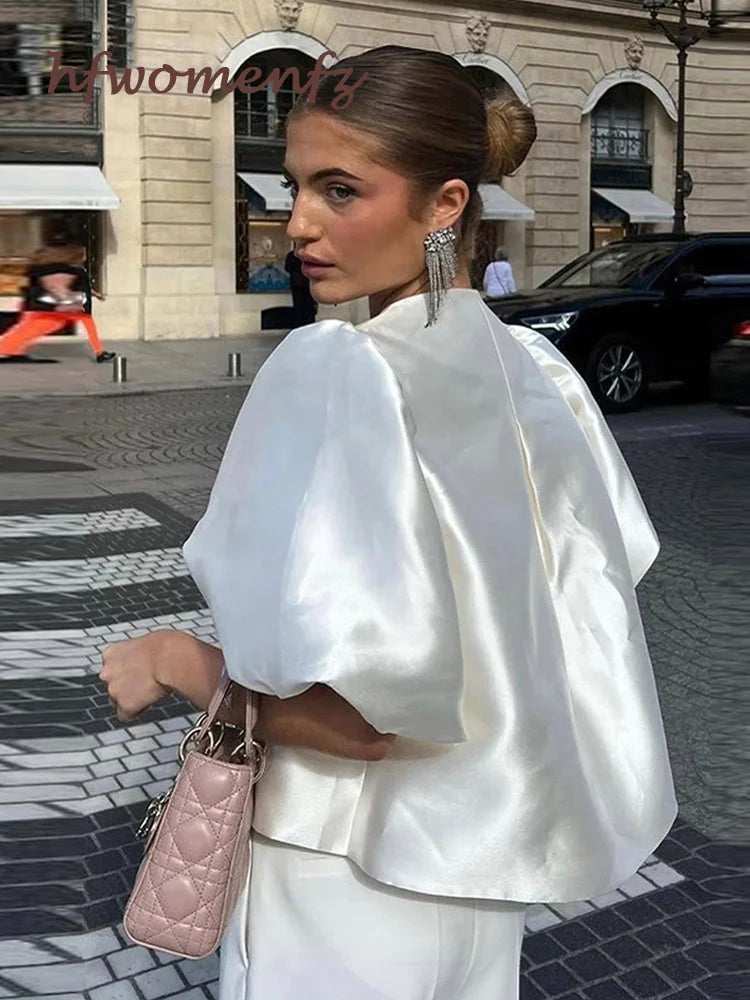 Elegant Satin Ruffle Shirt for Women Lantern Short Sleeve Loose O-neck Female Top Spring Summer Fashion Lady Streetwear