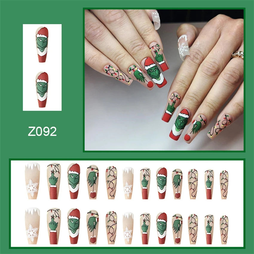 24Pcs/Set Christmas Collection Wearing False Nails Art Elk Santa Claus Snowman Press on Nail Tips Kawaii Acrylic Stick on Nails PDJ1545-Z092F