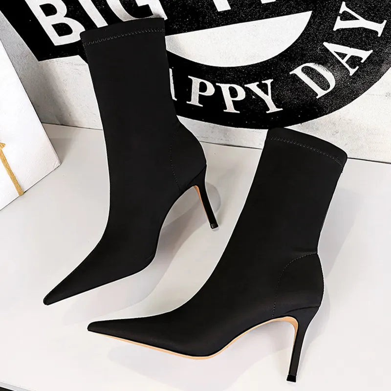 Women 7.5cm 10cm High Heels Silk Sock Boots Green Low Heels Short Ankle Boots Lady Stripper Winter Pointed Toe Satin Sexy Shoes Black-7cm