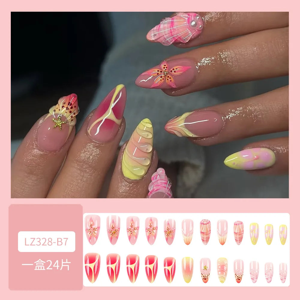 24pcs Sweet Pink Flower Press on Nails Ins Pink Blush Almond False Nails Wearable Reusable Fashion Korean Fake Nails for Women