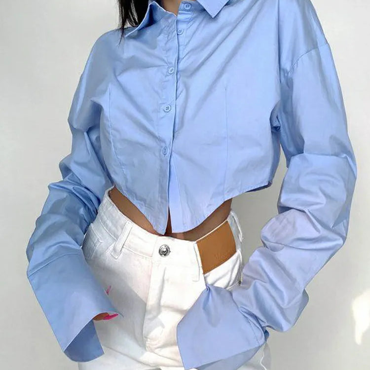 Lente Koreaanse stijl lange mouw witte shirt vrouwen sexy knop dames crop tops blouse street nieuw in vrouwelijke kleding