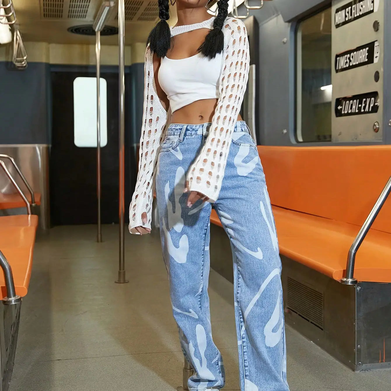 Women Fashion Street High Waist Slant Pocket Graphic Print Straight Leg Jeans Female Casual Denim Trouser