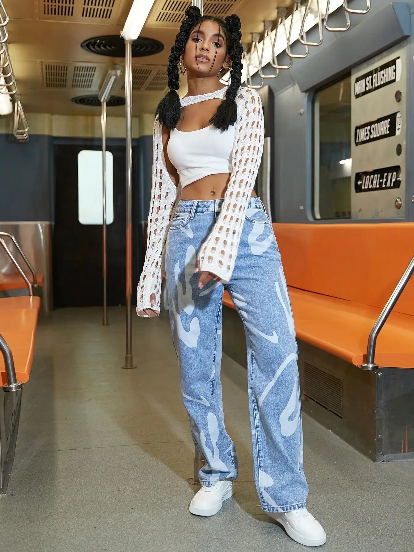 Women Fashion Street High Waist Slant Pocket Graphic Print Straight Leg Jeans Female Casual Denim Trouser