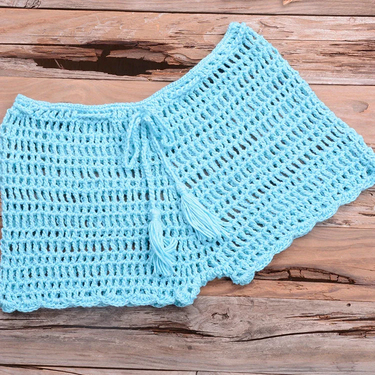 Crochet Hollow Out Tassel Beach Cover Up Sexy Women Mini Tops Beachwear Bikini Swimwear Bathing Suit Cover Up Sky Blue Bottom One Size