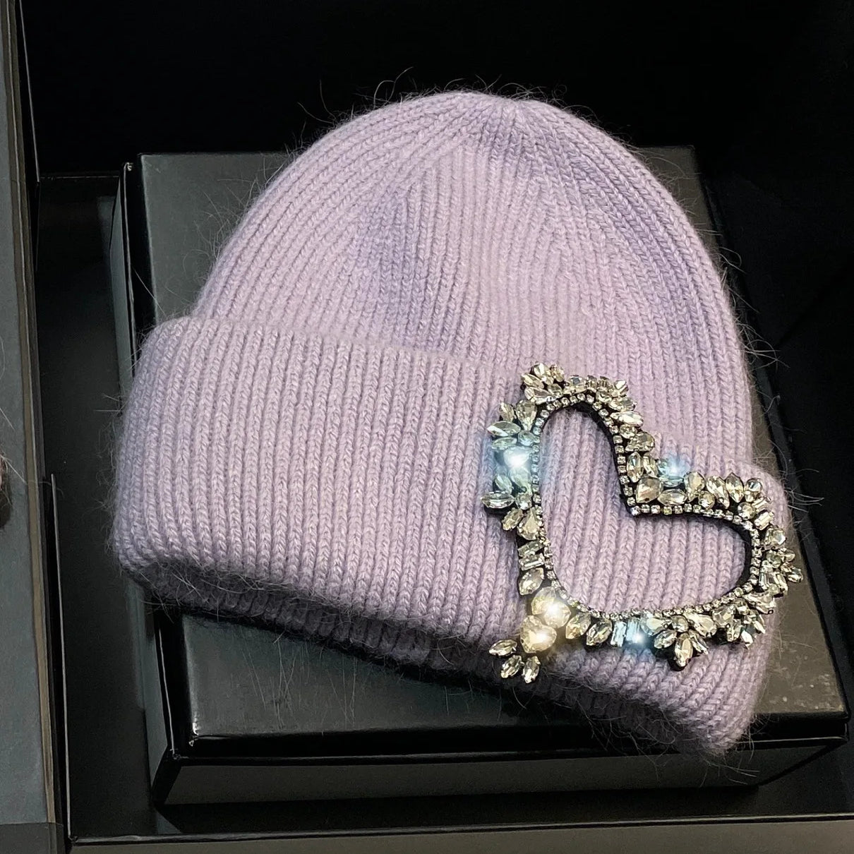 Luxury Heart Rhinestone Winter Beanies Women Solid Color Real Rabbit Fur Knitted Hat Lady Fashion Warm Pullover Caps Gifts purple Adult