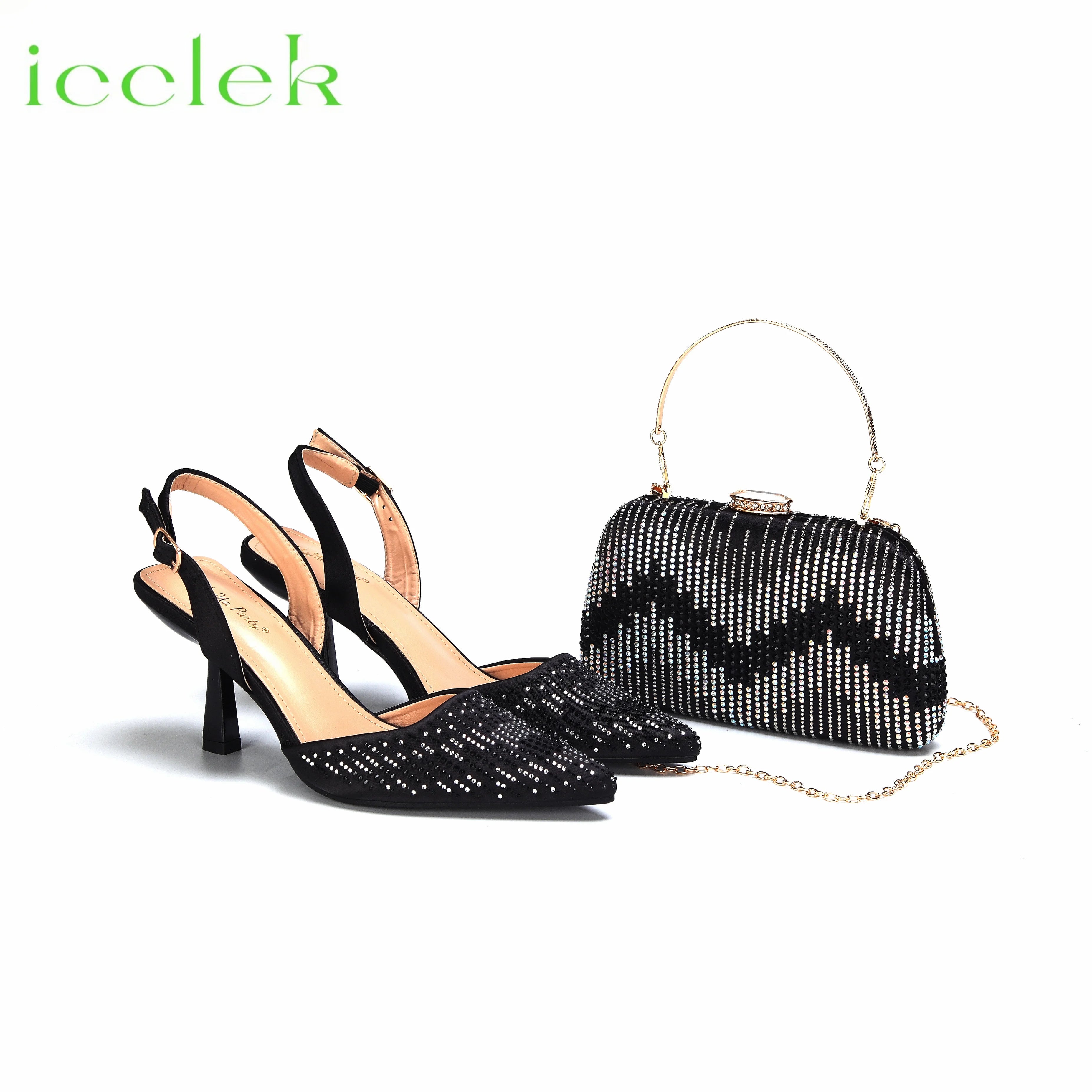 Orange Color Pointed Toe Decorated with Bling Bling Rhinestones Design Ladies Shoes Matching Bag Set For Party Black