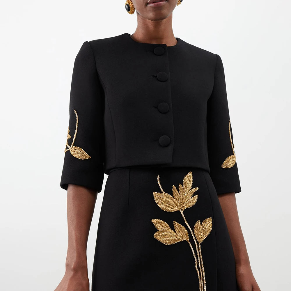 TWOTWINSTYLE Colorblock Chic Two Piece Sets For Women O Neck Half Sleeve Coat High Waist Skirt Elegant Set Female Fashion Style