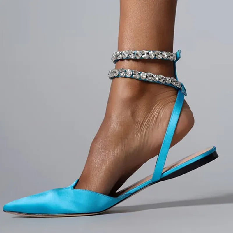 Funky Rhinestone Flat Sandals Women Summer Pointed Toe Strappy Sandals Woman Plus Size 42 Ankle Straps Party Shoes Flats Blue