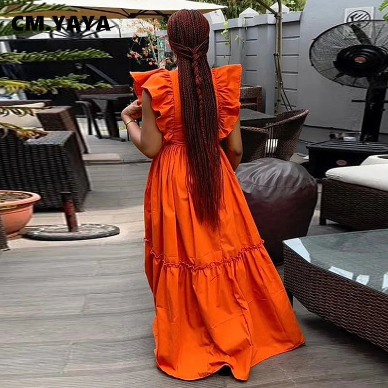 CM.YAYA 2024 Summer Ruffles Short Sleeve Sweet Cute O-Neck Floor-Length Long Women Dress Beach Streetwear Big Swing Maxi Dresses