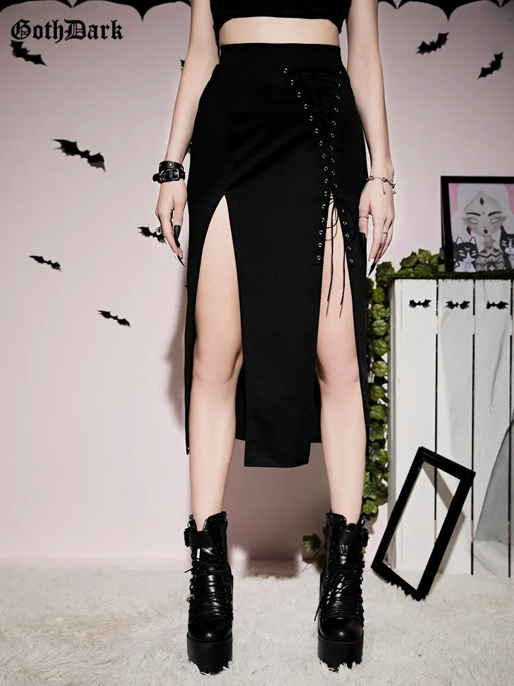 Goth Dark Grunge Bandage High Split Sexy Midi Skirts Mall Gothic Techwear Irregular Eyelet Long Skirt For Women Black Partywear black