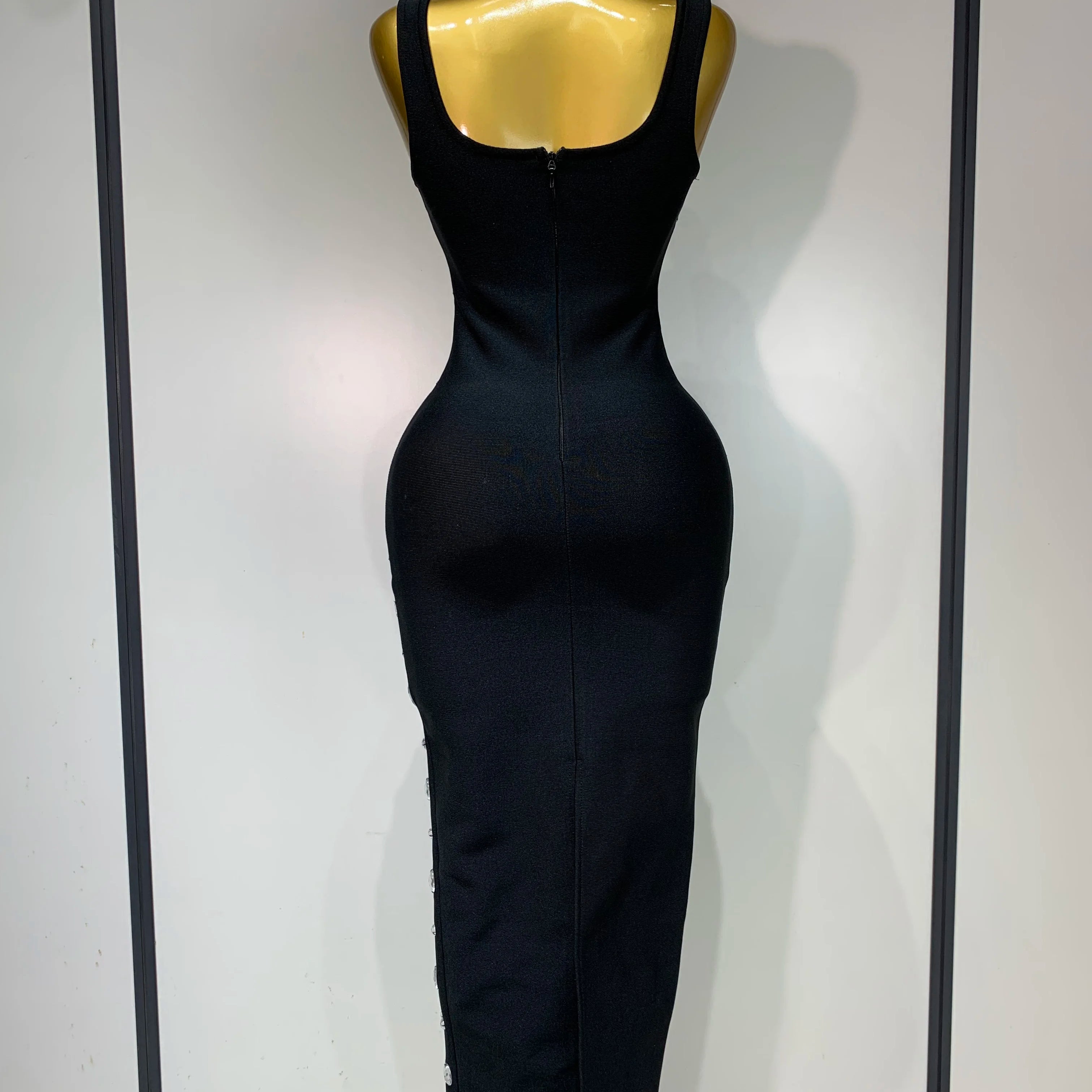 est 2025 Fashion Designer Women's Rhinestone Beaded Elastic Bodycon Bandage Maxi Long Dress Elegant Luxury Birthday Outfit