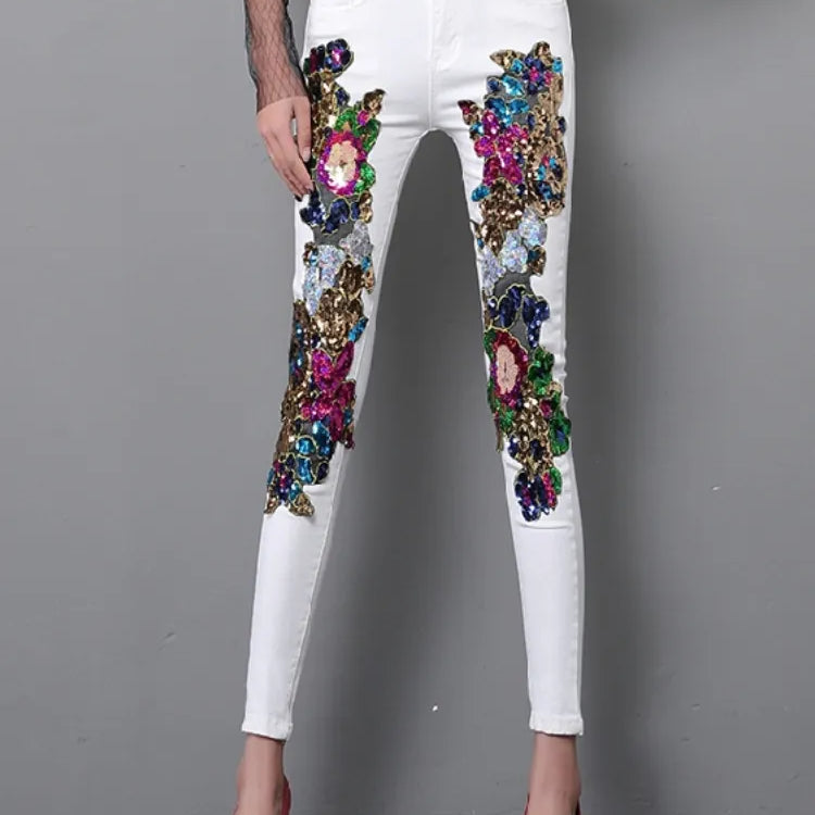 Spring and Summer Women's Sequins White Denim Pants Slim All-match Basic Pencil Student Stretch Jeans Daily Street Trousers