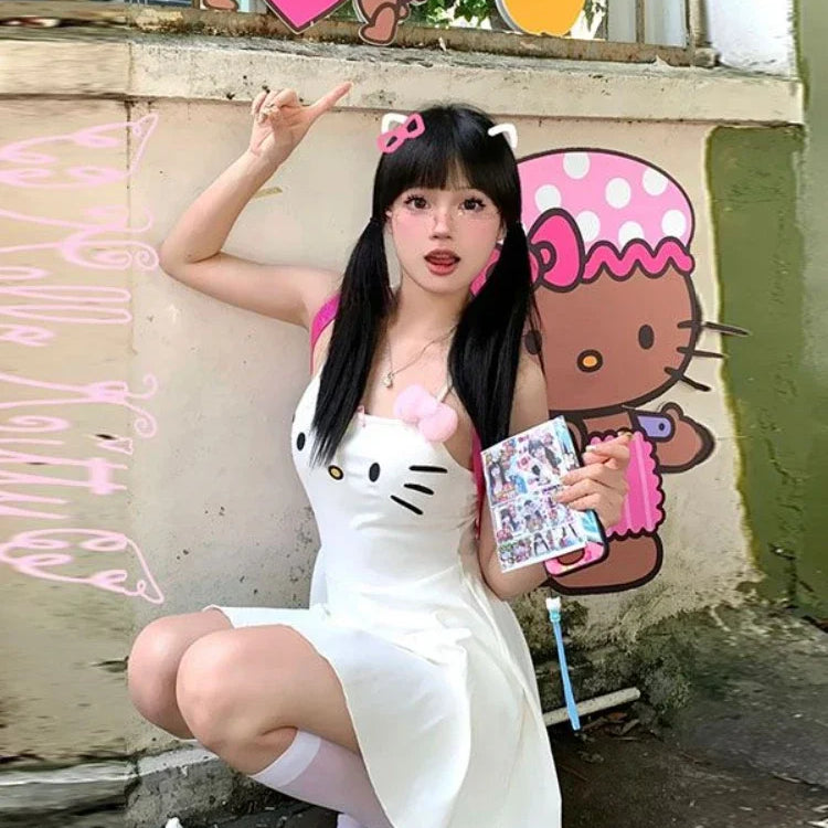 HOUZHOU Kawaii White Dress Women Japanese Y2k Cat Face Embroidery Cute Spaghetti Strap Mini Dress Bow Patchwork Anime Sundress