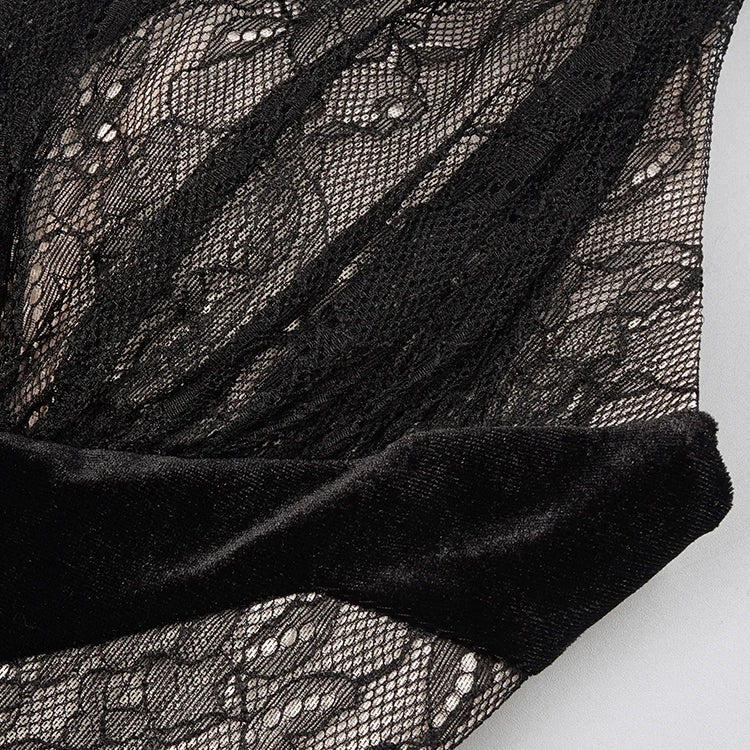 VC Black Mesh Patchwork Halter Long Dress For Women Long Sleeves Lace Embroidery Mermaid Bodycon Party Evening Gown