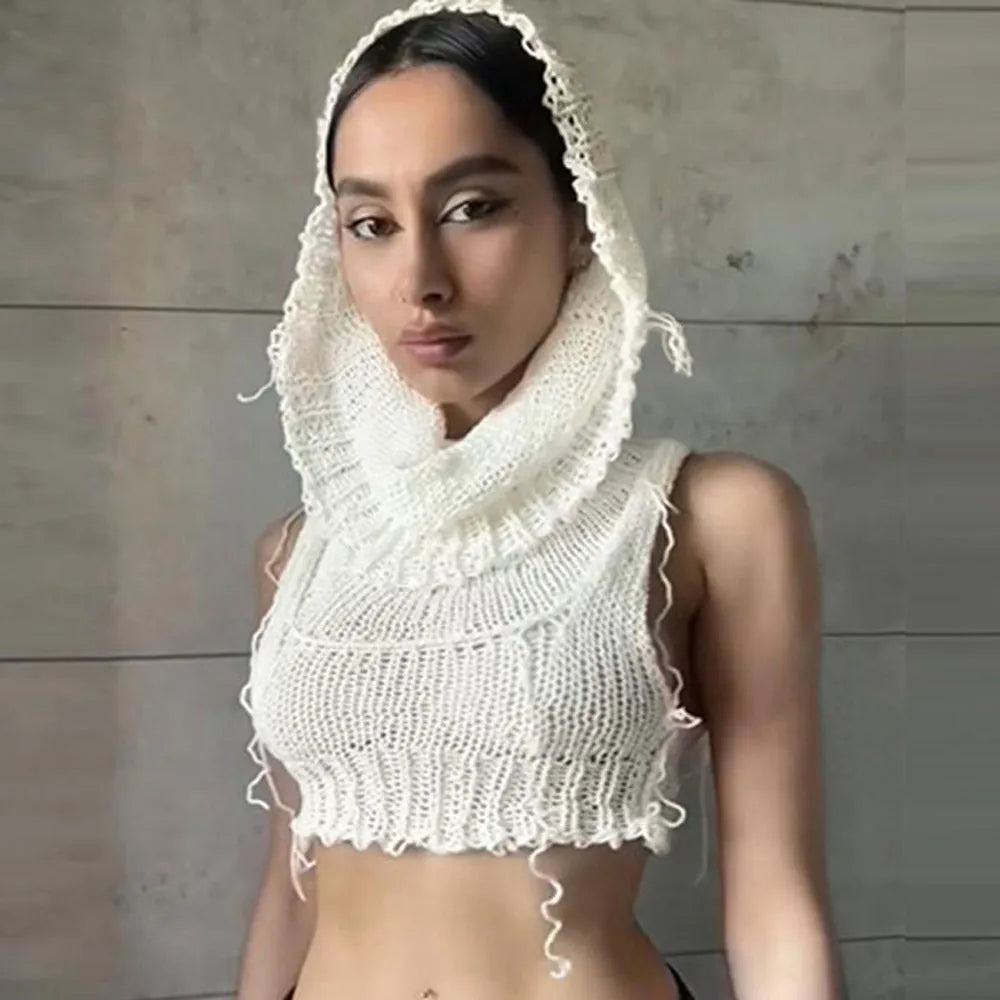 Knitted Y2k Hooded Crop Top Women Summer Sleeveless Off Shoulder T Shirt Top Hooded Tee Street Wear Fashion White Yuqung