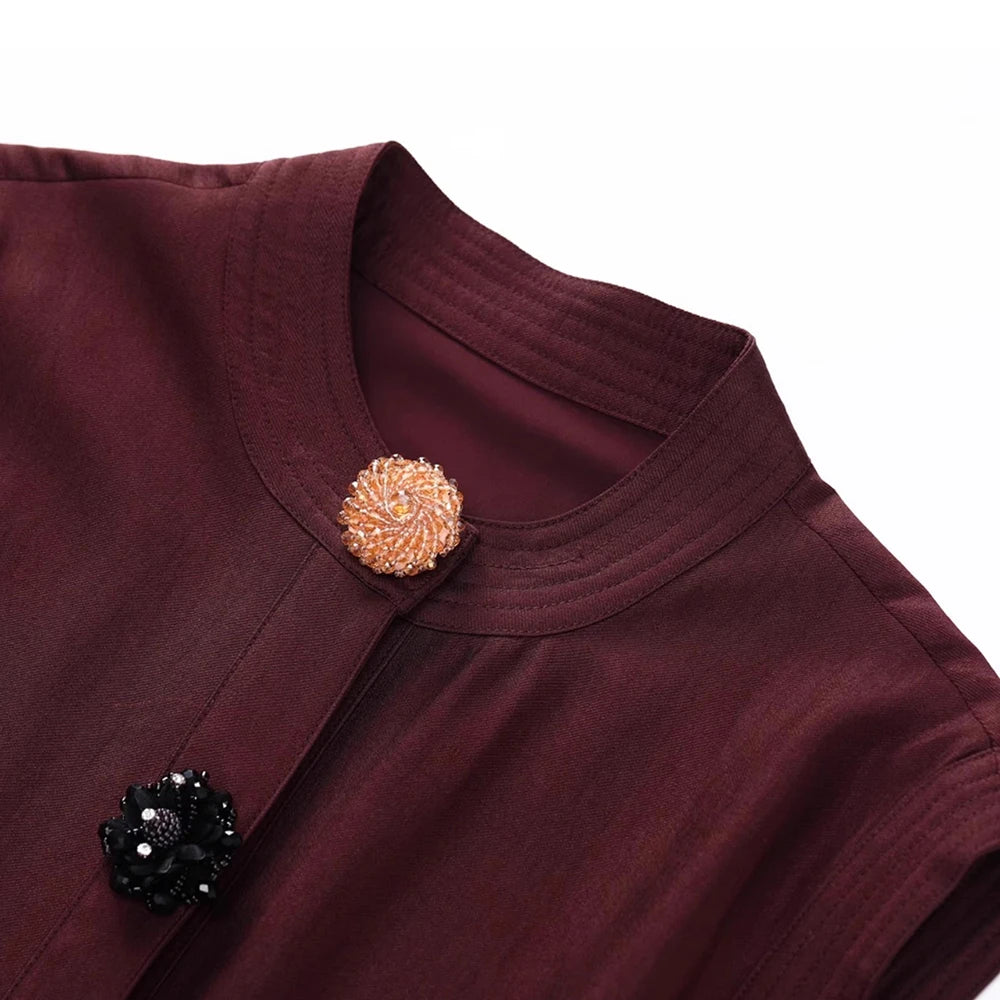 TWOTWINSTYLE Fashion Two Piece Sets for Women Round Neck Sleeveless Spliced Irregular Button Top High Waist Pant Set Female New