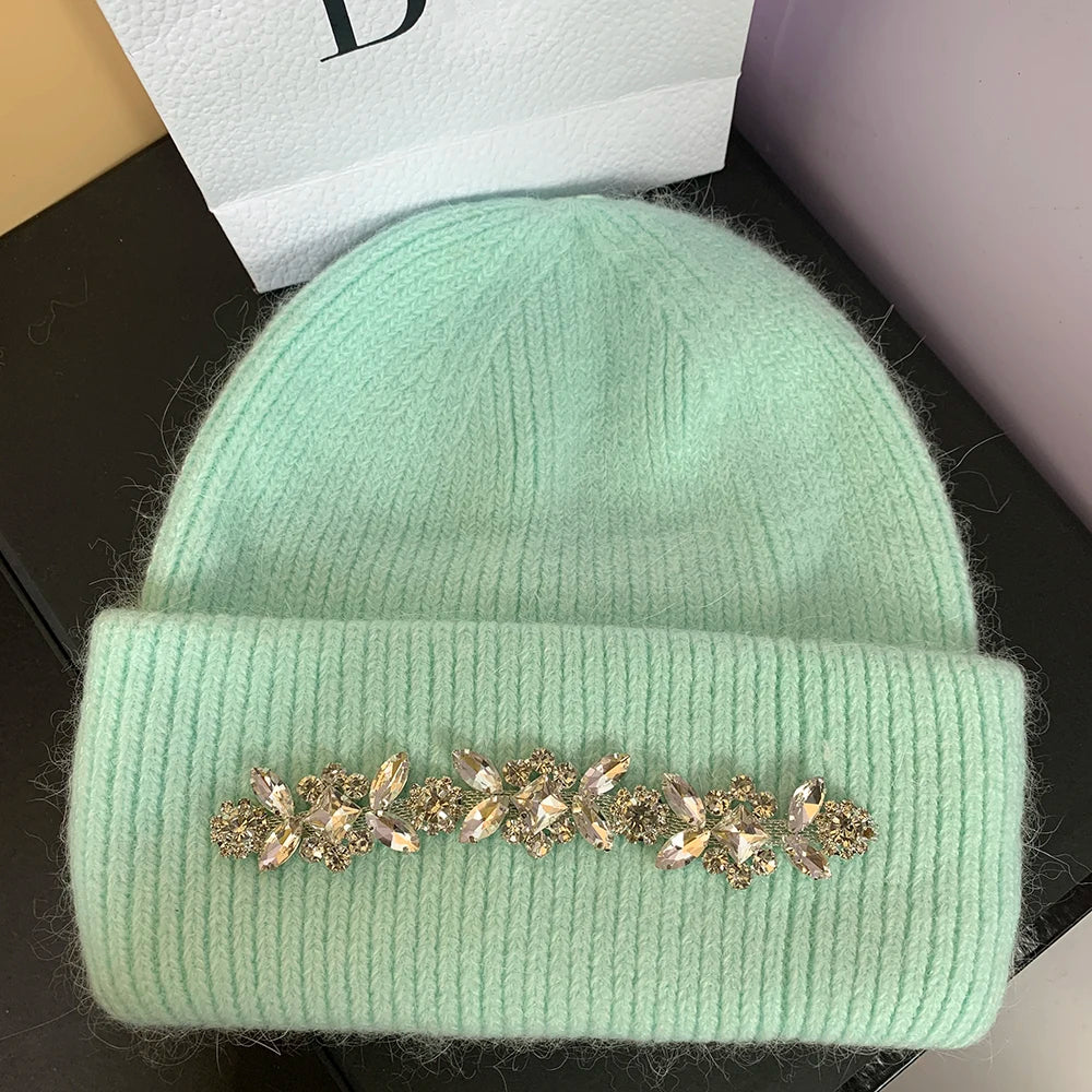 Real Rabbit Fur Knitted Hats for Women Winter Warm Beanie Luxury Rhinestones Bonnet Lady Outdoor Skiing Skullies Beanies Caps mint green