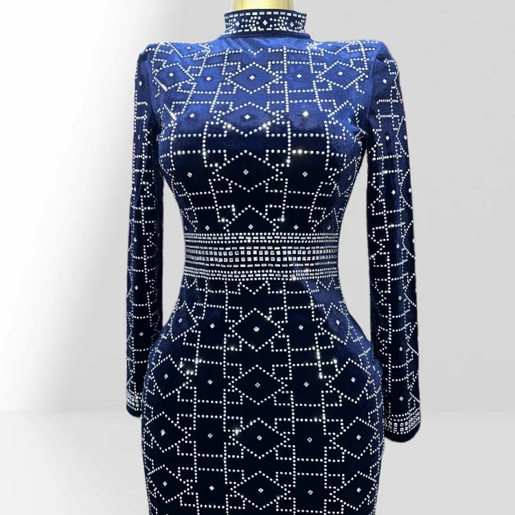 2025 New Dark Blue Velvet Luxury Diamonds O-neck  Tuck Waist Mini Dress Fashion Woman Party Dress Celebration Birthday Vestido