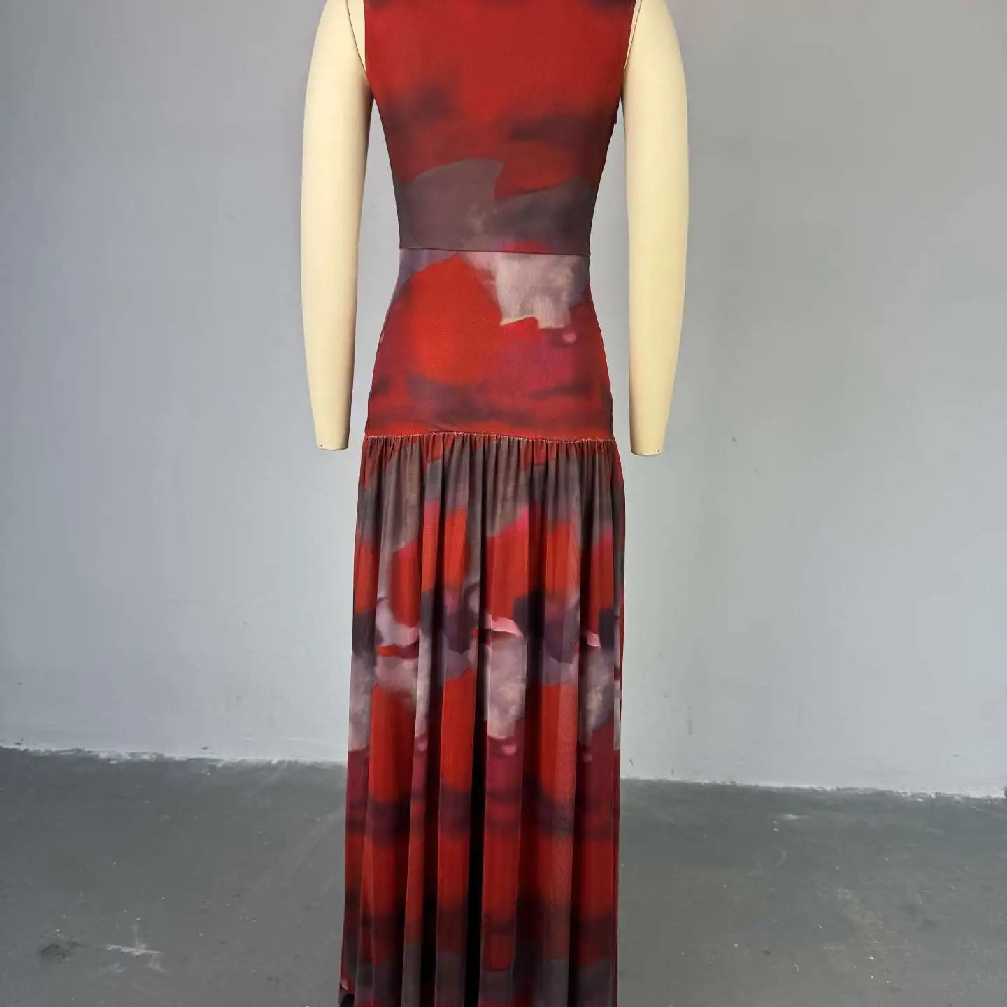 CM.YAYA Elegant Women Print Sleeveless Sweet O-neck Floor-Length Long Dress 2025 Beach Party Birthday Sexy Split Pleated Dresses