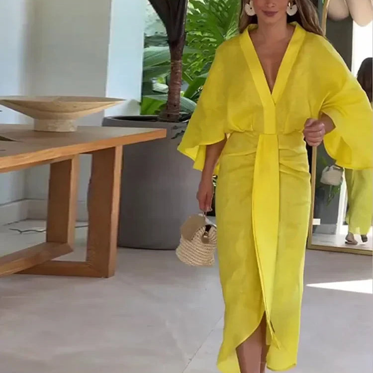 Women Chic Solid Long Flare Sleeves Pleated Midi Dress Casual Loose V-neck Irregular Hem Vestidos Spring Lady Elegant Robes