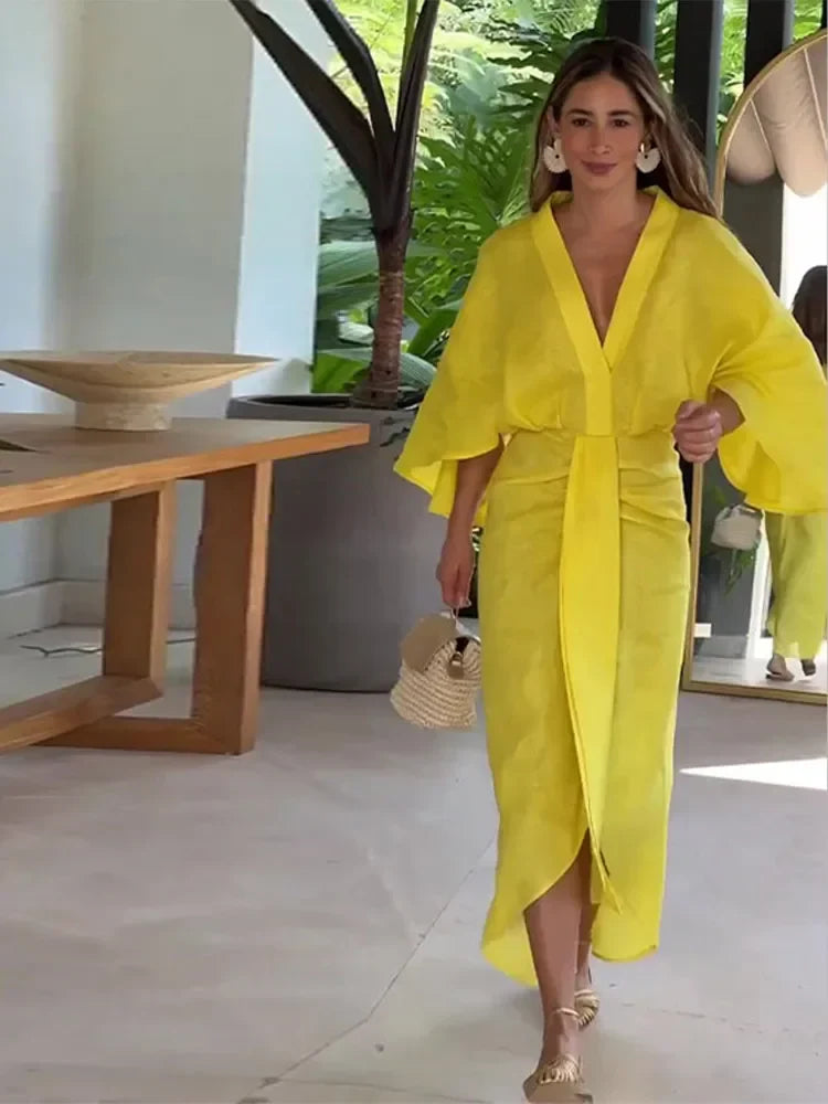 Women Chic Solid Long Flare Sleeves Pleated Midi Dress Casual Loose V-neck Irregular Hem Vestidos Spring Lady Elegant Robes