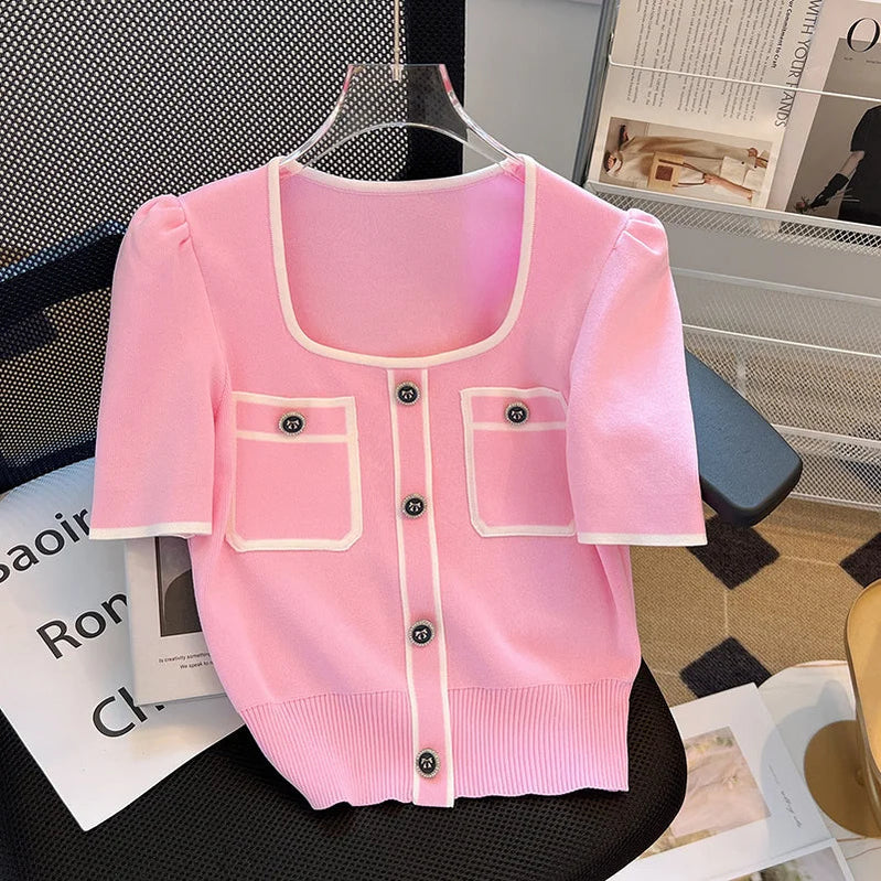 Summer Sweater Women's Knit T-shirt Casual Short Sleeve Woman Clothes Versatile Square Collar Lady Pullover Knitwear Tops Jumper Pink One Size