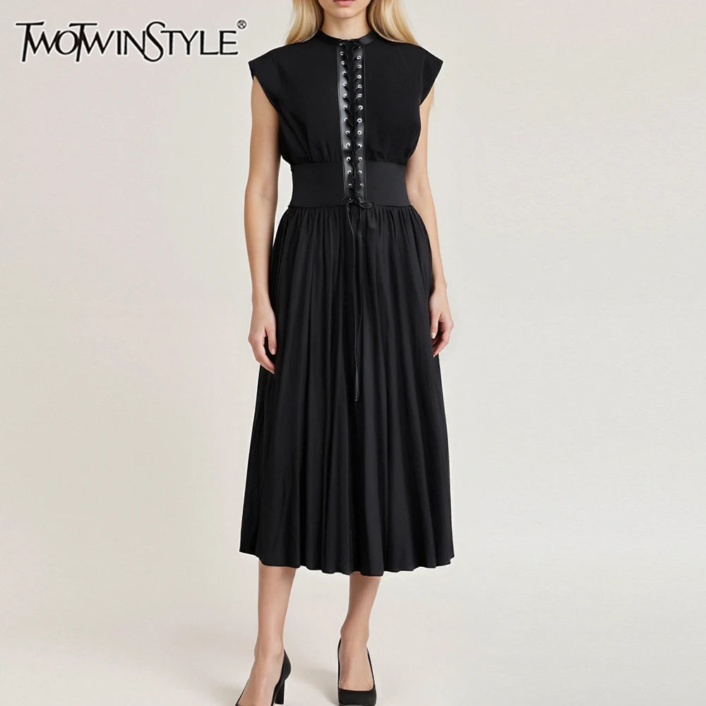 TWOTWINSTYLE Solid Slimming Spliced Lace Up Elegant Dresses for Women Round Neck Sleeveless Patchwork Folds Dress Female Fashion
