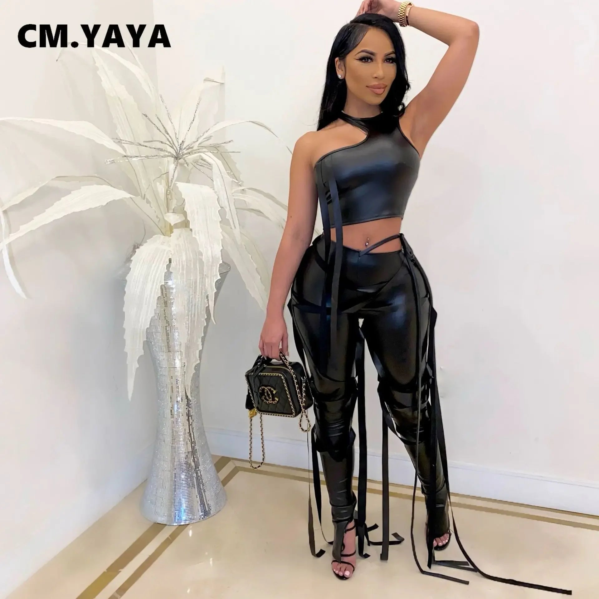 CM.YAYA Faux Leather Women's Set Drawstring Lace Up Slit Leggings Pants Suit and Crop Top Street Tracksuit Two Piece Set Outfit
