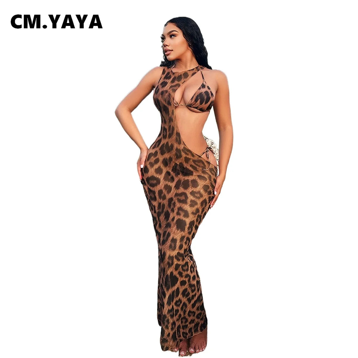 CM.YAYA Women Beach Bikini Set with Cutout Leopard Printed Sexy Long Bodycon Swimsuit Three 2 Piece Set Swimwear Bathing Suit
