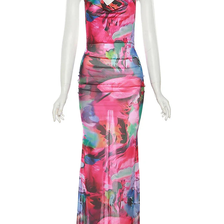 Weird Puss Backless Halter Women Dress Flower Print Low Chest Sheer Sexy Bodycon Seaside Party Beach Vacation Peach Hip Vestidos