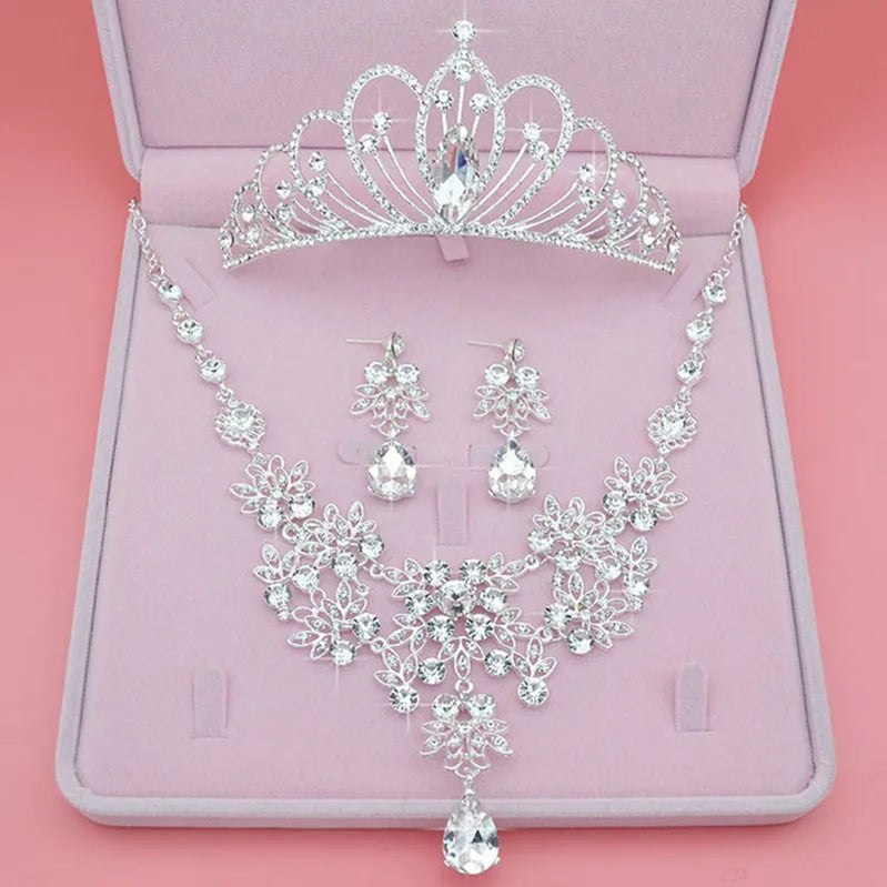 Bridal Jewelry Sets Crown Necklace Earrings Four Pack Silver Colour Women's Fashion Wedding Tiaras TS-0173-A-XL-0008-A Tiaras