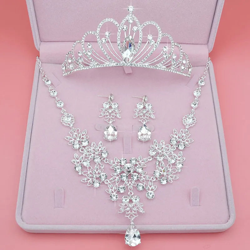Bridal Jewelry Sets Crown Necklace Earrings Four Pack Silver Colour Women's Fashion Wedding Tiaras TS-0173-A-XL-0008-A Tiaras