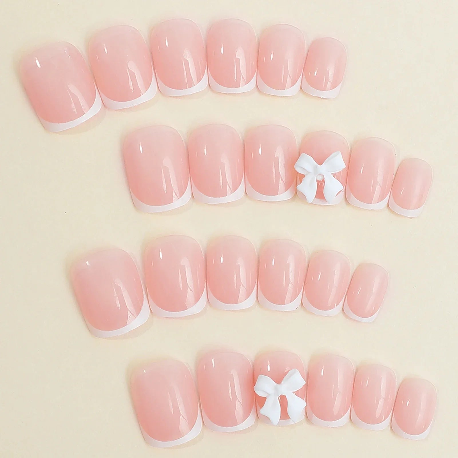 Short Square Blush Pink Fake Nails 24Pcs Sweet Girls Press On Nails 3D Bowknot/Crystal Decor Korean Fashion Acrylic False Nails