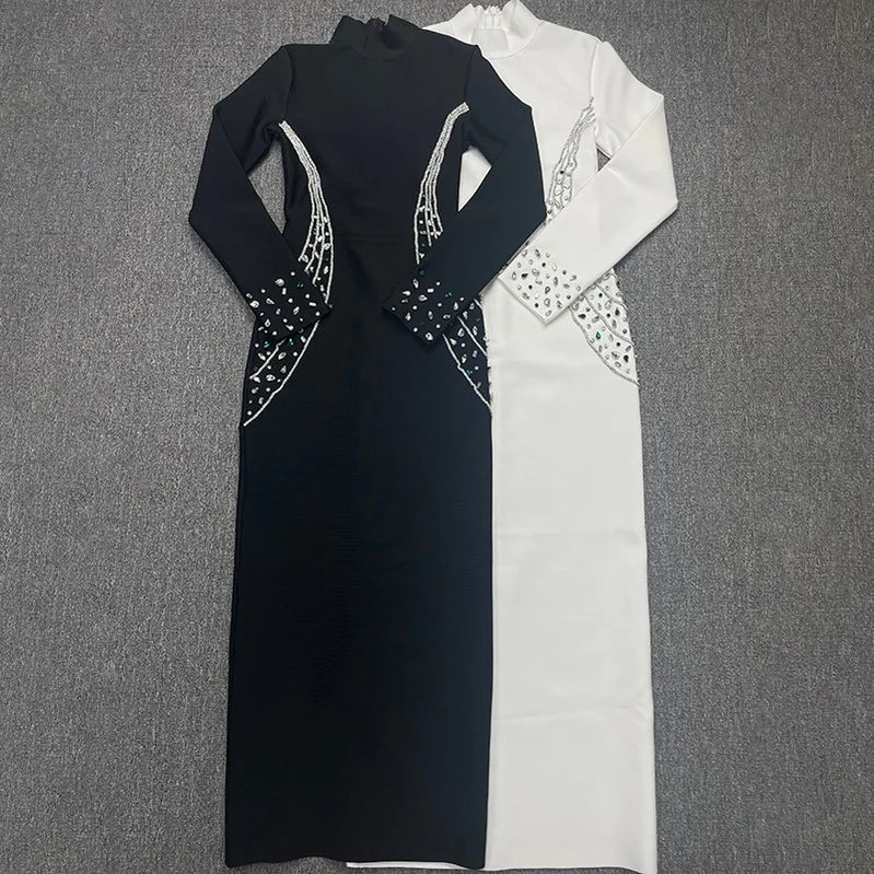 Black White Color Women Long Sleeve Shinning Rhinestones Bodycon Long Bandage Dress Evening Party Celebrate Outfit Vestido