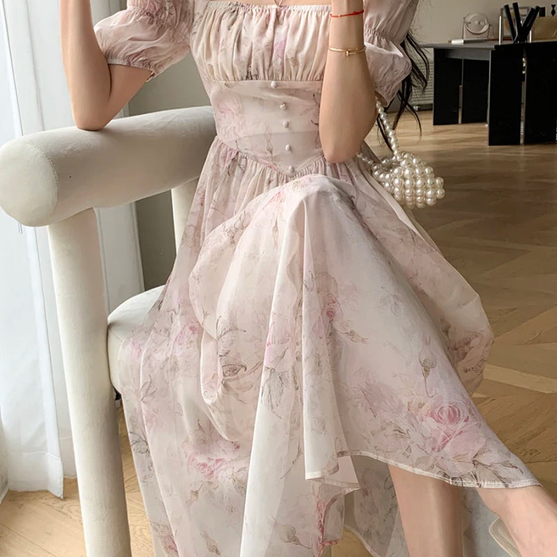Summer Fashion French Retro A-Line Fairy Party Dress Female Floral Square Neck Lantern Sleeves High Waist Pleated Vest Dresses
