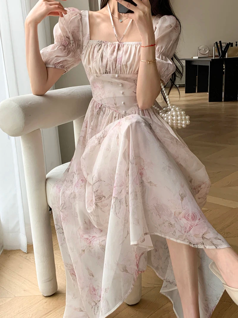 Summer Fashion French Retro A-Line Fairy Party Dress Female Floral Square Neck Lantern Sleeves High Waist Pleated Vest Dresses