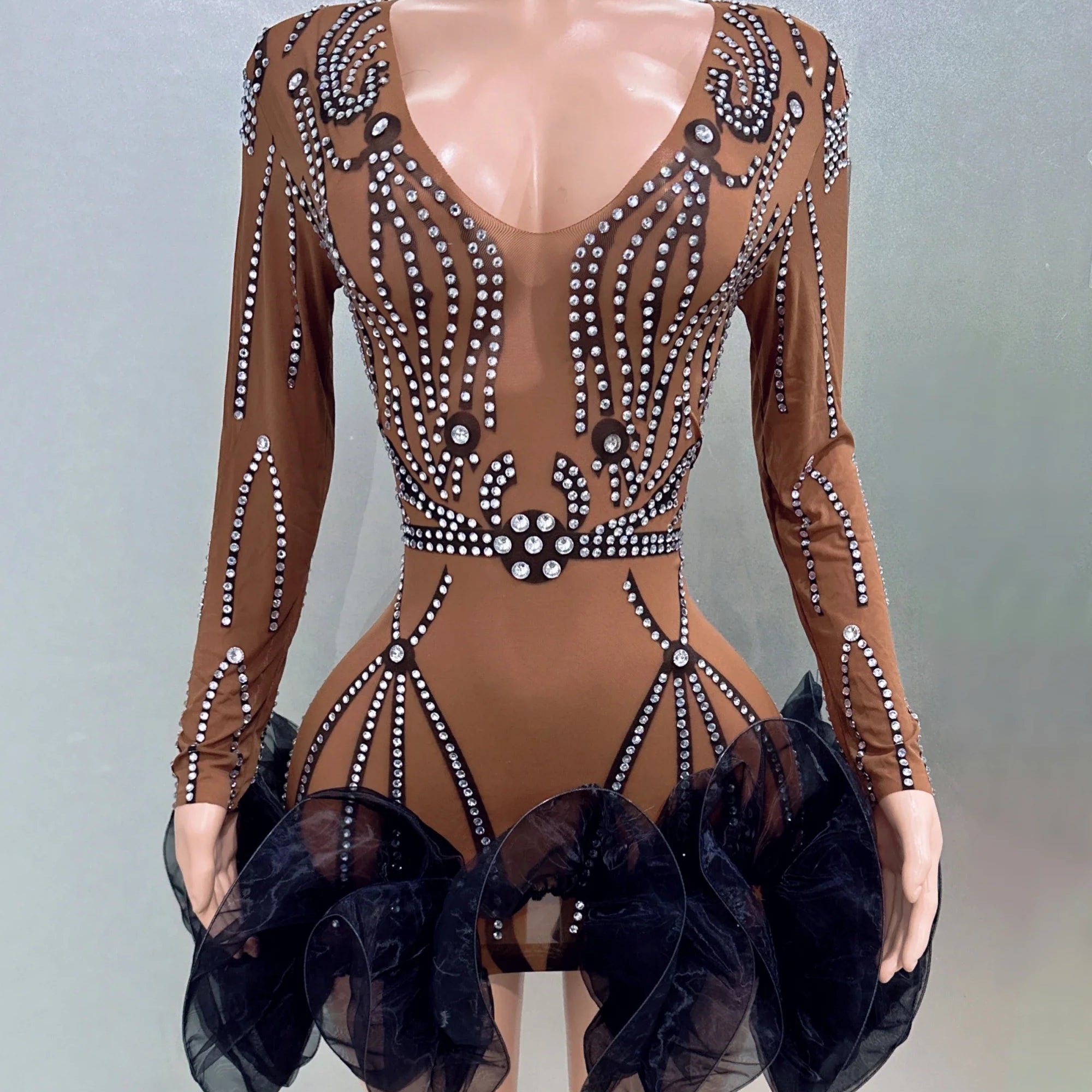 STOCK Women Long Sleeve Sexy Mesh Bodycon Ball Gown Mini Dress Bar Singer Nightclub Party Celebrate Performance Costume Wear