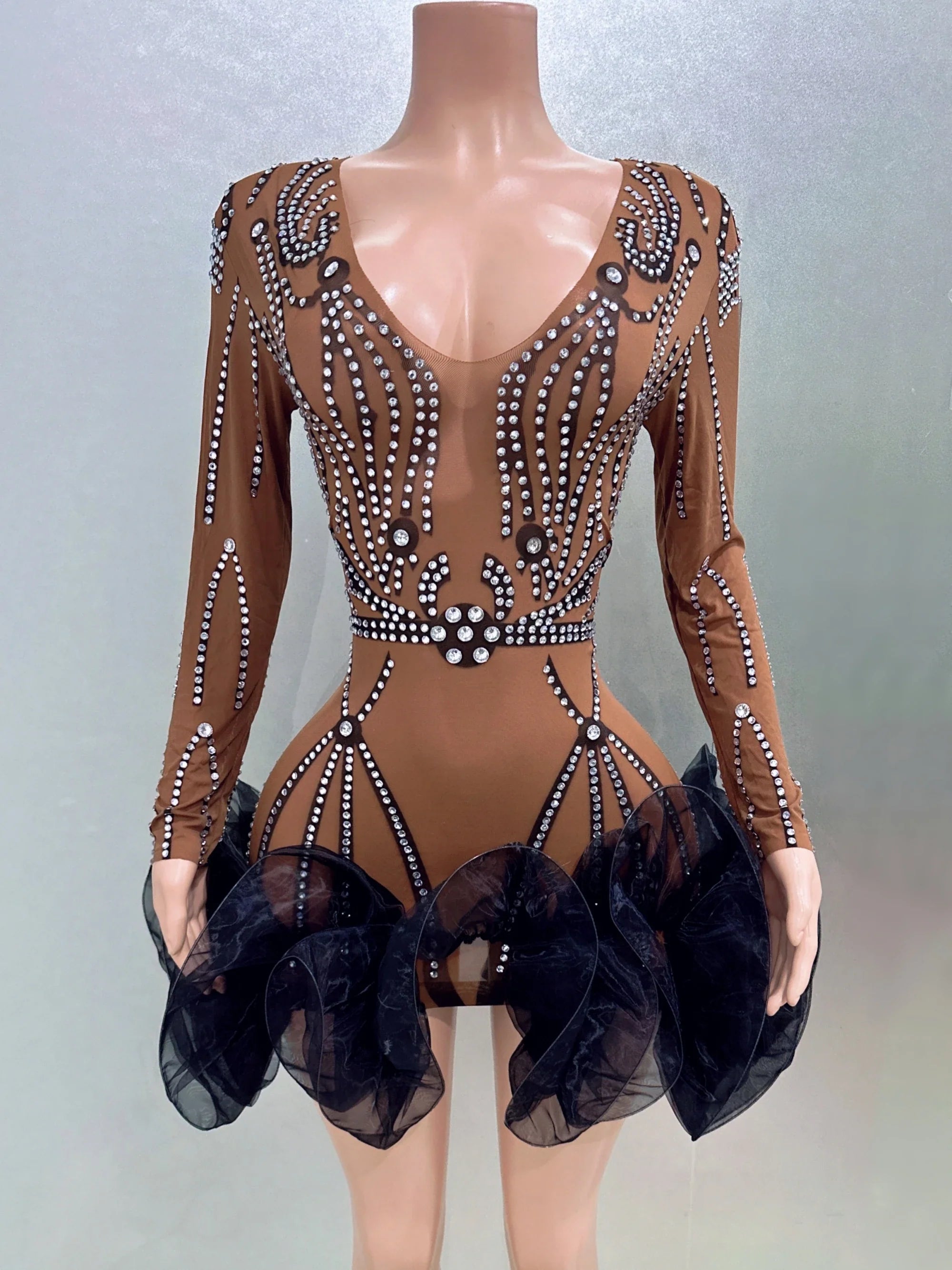 STOCK Women Long Sleeve Sexy Mesh Bodycon Ball Gown Mini Dress Bar Singer Nightclub Party Celebrate Performance Costume Wear