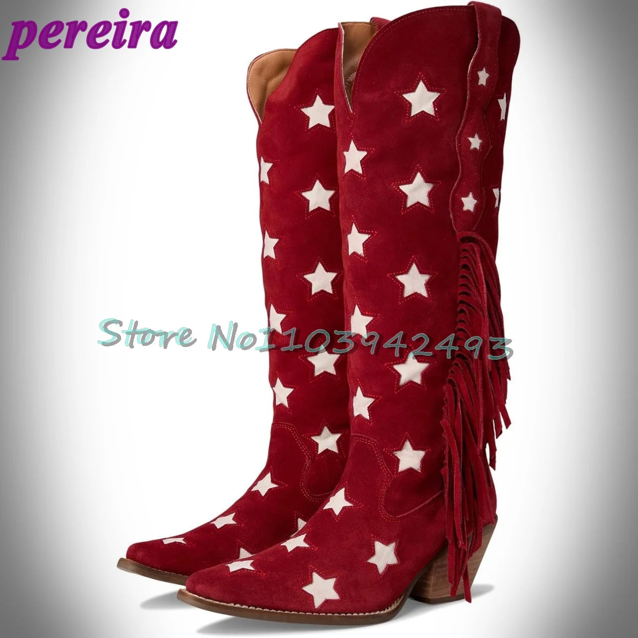 Red Star Pattern Cowboy Boots Women's Knee High Fringe Suede Botas Fashion Western Style Booties Ladies Outdoor Footwear Shoes