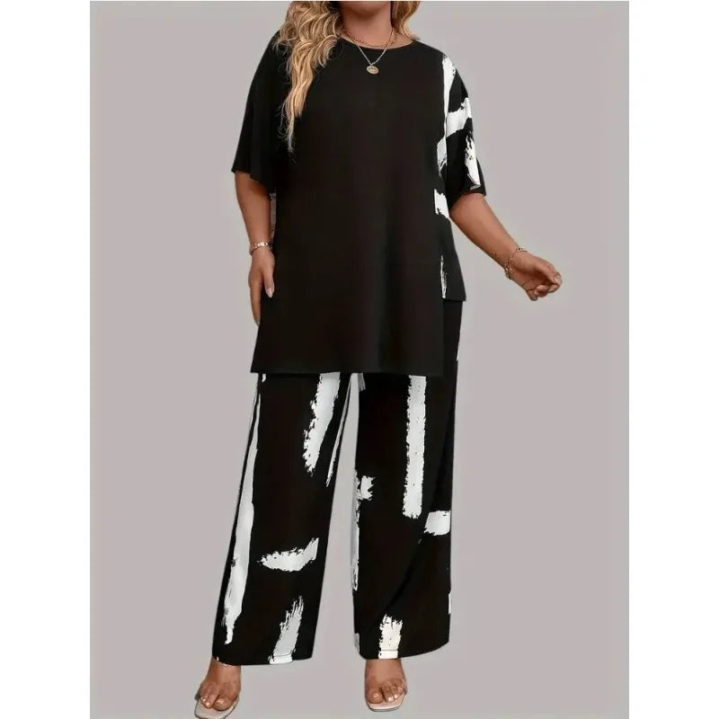 Plus Size Womens Brush Print Elegance  Short Sleeve Round Neck Split Top & Matching Pants 2 Piece Outfit Set